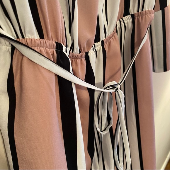 DEX Pink striped dress. Off the shoulder. Elastic waist with accent belt. - Picture 8 of 12